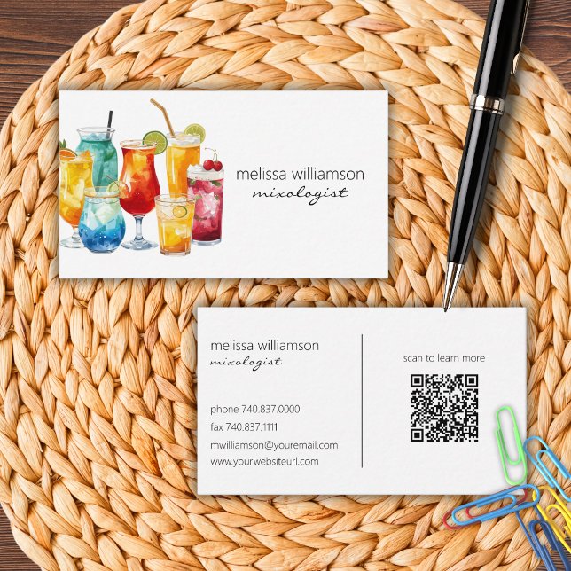 Cartão De Visita Cocktails de Aquarela com QR Code  (Criador carregado)