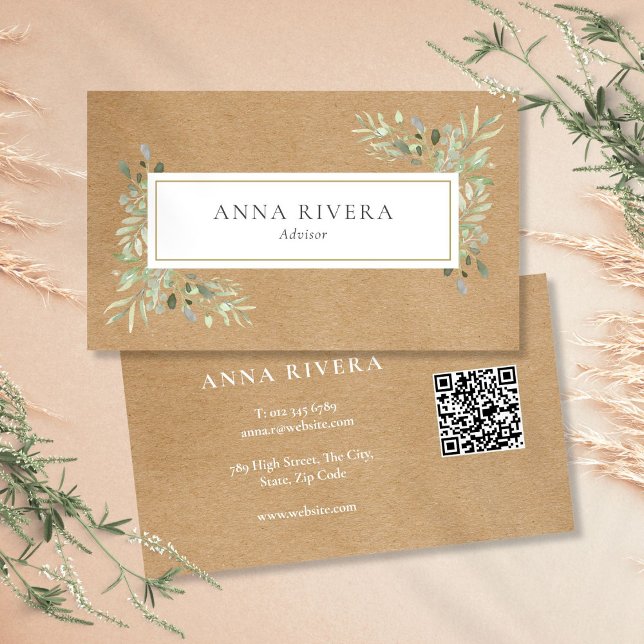Cartão De Visita Cód. Cód. QR Rustic Kraft Coril. (Watercolor Greenery Rustic Kraft QR Code Business Card)