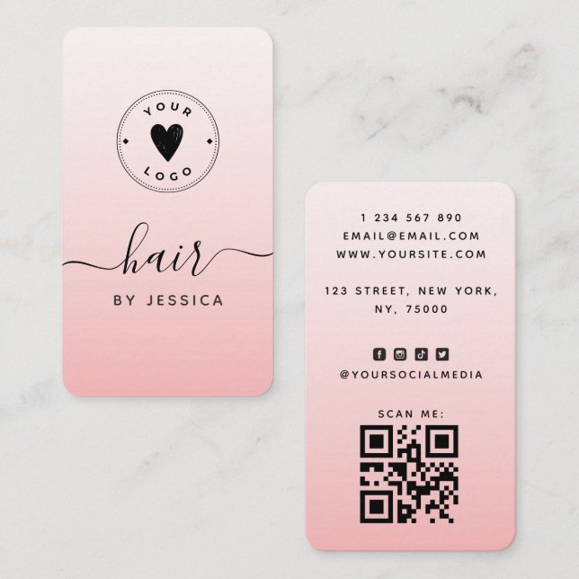 Cartão De Visita Cód. QR do Cabelo Girino do Blush Rosa e Adicione  (Frente/Verso)