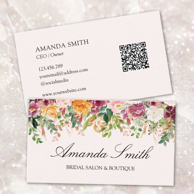 Cartão De Visita Cód. QR Floral de Rosa de Aquarela Elegante (Front and back side)