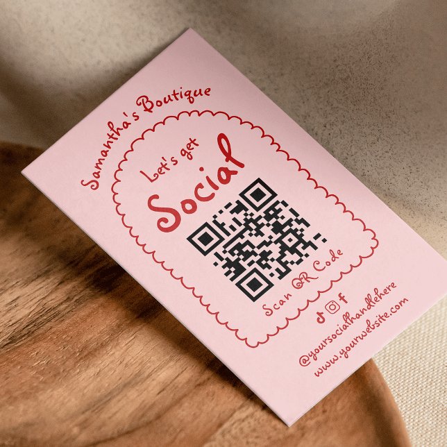Cartão De Visita Cód. QR Impressionante Cinza-Branca Vermelhos Retr (Hand drawn whimsical blush pink and red QR code business cards - use it for your socials or website)