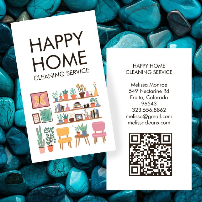 Cartão De Visita Cód. QR personalizado para limpeza de casas (House Cleaning Cute Livingroom Art Custom QR Code Business Card
)