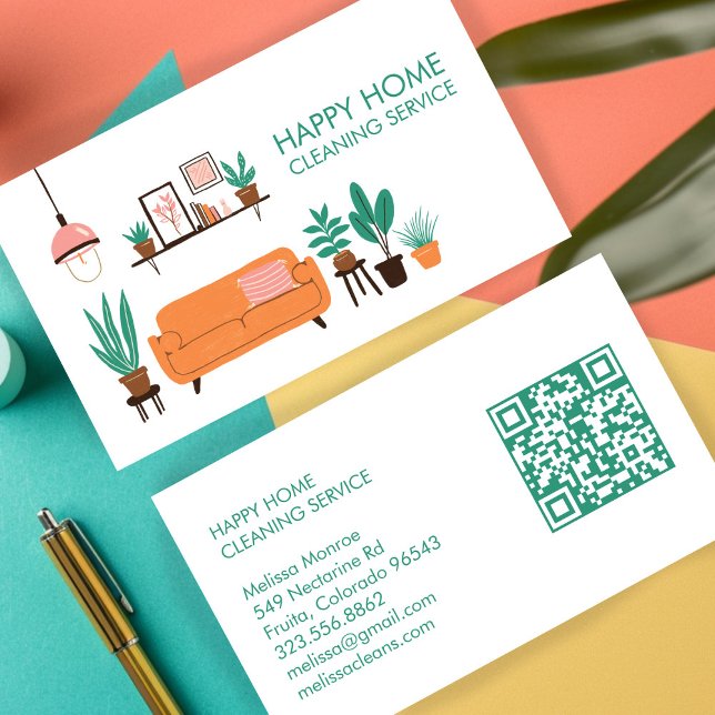 Cartão De Visita Cód. QR personalizado para limpeza de casas (House Cleaning Cleaner Maid Cute Livingroom Art Custom QR Code Business Card
)