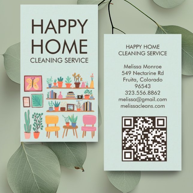 Cartão De Visita Cód. QR personalizado para limpeza de casas (Cute living room illustration adorns these custom business cards with QR code. Perfect for maids)