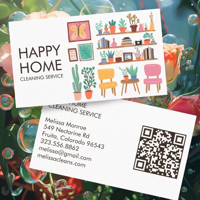 Cartão De Visita Cód. QR personalizado para limpeza de casas (Adorable living room scene on these custom business cards with QR codes)