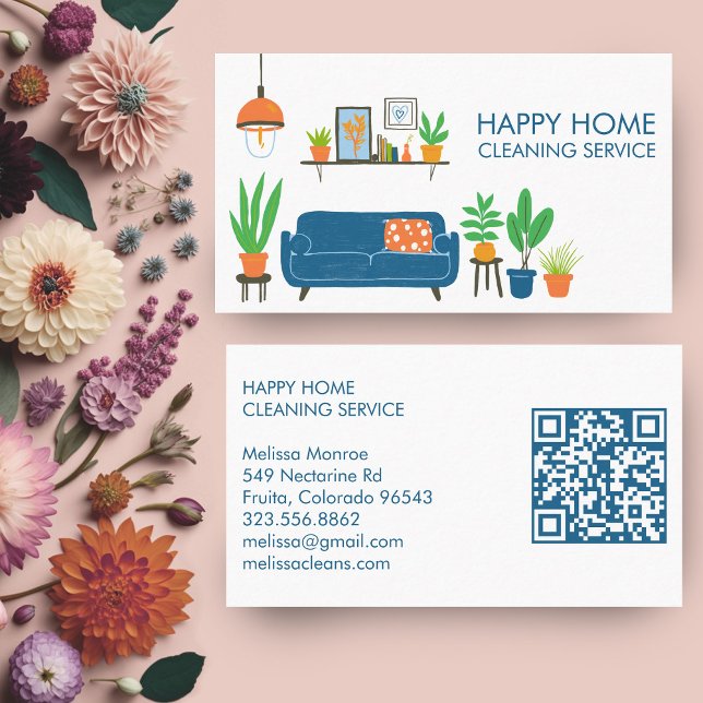 Cartão De Visita Cód. QR personalizado para limpeza de casas (House Cleaning Cute Livingroom Art Custom QR Code Business Card
)
