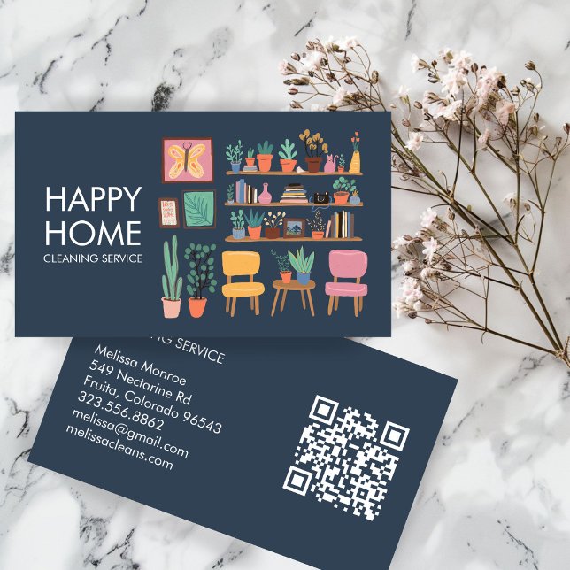 Cartão De Visita Cód. QR personalizado para limpeza de casas (House Cleaning Cute Livingroom Art Custom QR Code Business Card
)
