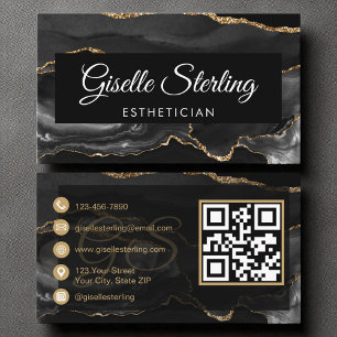 Cartão De Visita Código de QR do esteticista Luxo Dourado Agate Pre
