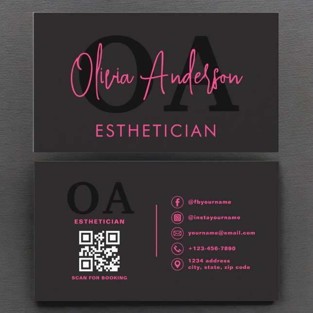 Cartão De Visita Código de QR esteticista Mídia Social Negra-Rosa Q (Criador carregado)