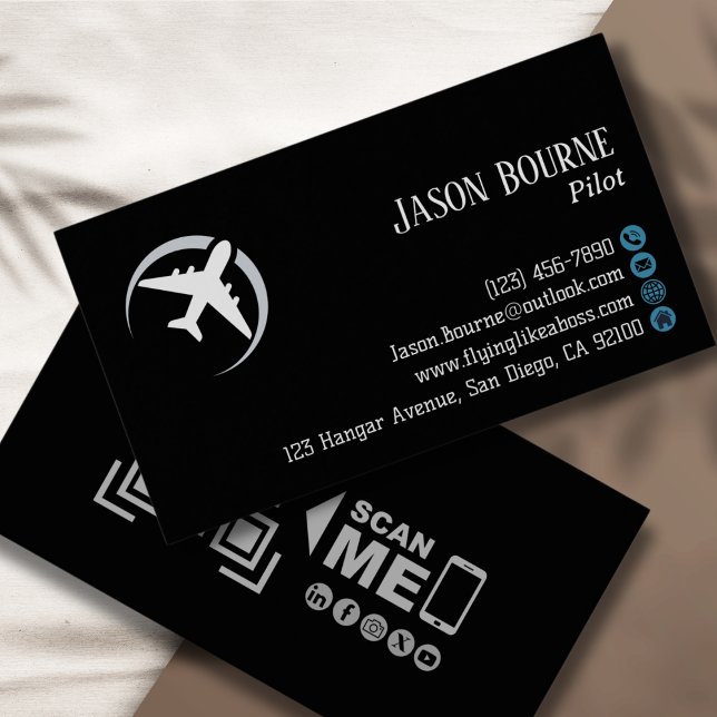 Cartão De Visita Código de QR profissional Marinho de aviação azul  (Criador carregado)