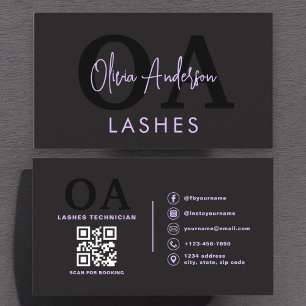 Cartão De Visita Código de QR roxo Lashes Tecnicio Preto