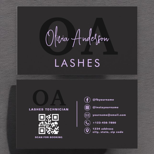 Cartão De Visita Código de QR roxo Lashes Tecnicio Preto (Criador carregado)