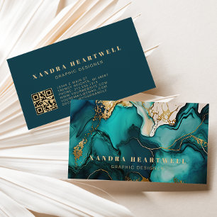Cartão De Visita Código QR Abstrato com Tinta Brilhante Azul Teal e