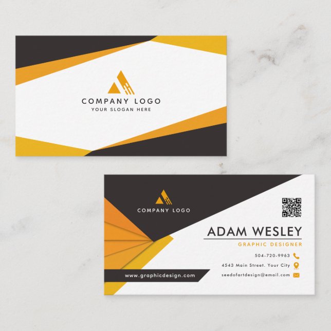 Cartão De Visita Código QR abstrato preto e laranja profissional (Frente/Verso)