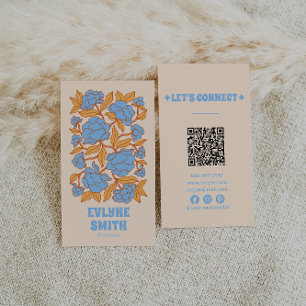 Cartão De Visita Código QR Amarelo Azul Retroativo Groovy Floral Fu
