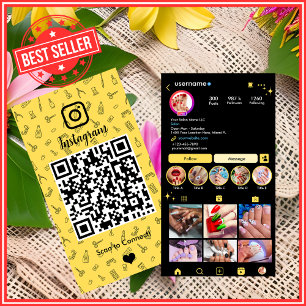 Cartão De Visita Código QR Amarelo do Instagram de Salão de Unhas