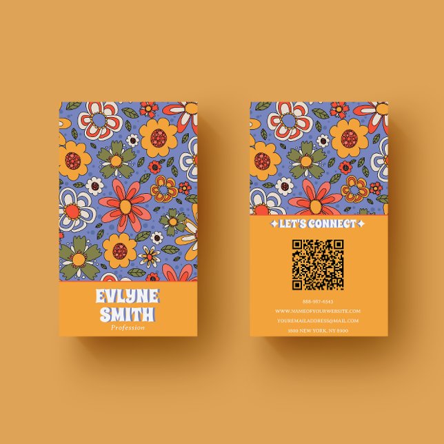 Cartão De Visita Código QR Amarelo-Verso-Retroativo Escala Floral d (Criador carregado)