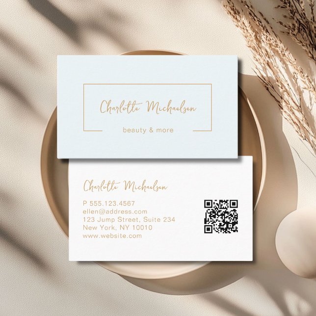 Cartão De Visita Código QR Azul de Escrita Mínima (Minimal Handwriting Blue QR Code Business Card)