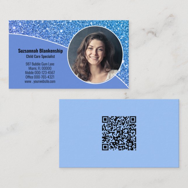 Cartão De Visita Código QR Azul de Fotografia Personalizada Profiss (Frente/Verso)