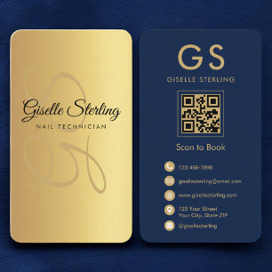 Cartão De Visita Código QR Azul Dourado do Monograma do Técnico Nai