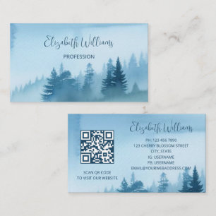 Cartão De Visita Código QR Azul Floresta de Pinheiros Aquarela