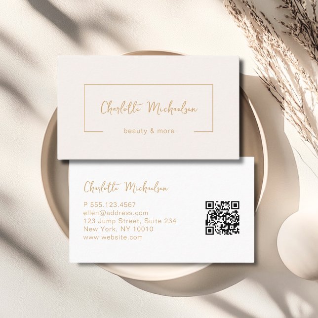 Cartão De Visita Código QR Bege de Letra Minima (Minimal Handwriting Beige QR Code Business Card)