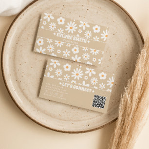 Cartão De Visita Código QR Bege Retro Groovy Floral Boho Único