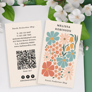 Cartão De Visita Código QR Bege Retrô Loja de Florista Feminina Flo
