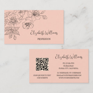 Cartão De Visita Código QR Botânico de Arte Floral Preta