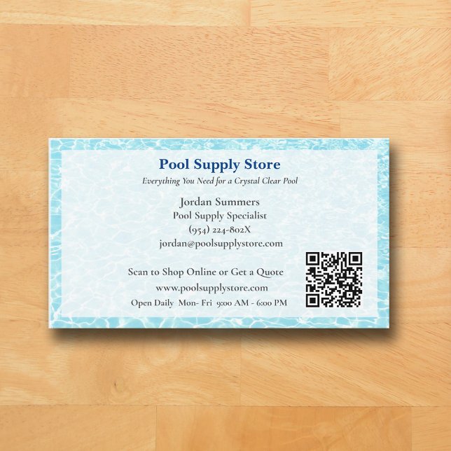 Cartão De Visita Código QR Branco Azul Empreiteiro de Piscinas   (Pool Business Card )