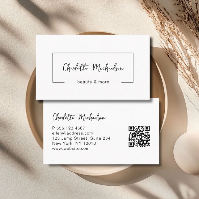 Cartão De Visita Código QR Branco com Letra Mínima (Minimal Handwriting White QR Code Business Card)