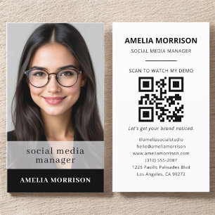 Cartão De Visita Código QR branco preto Foto minimalista profission