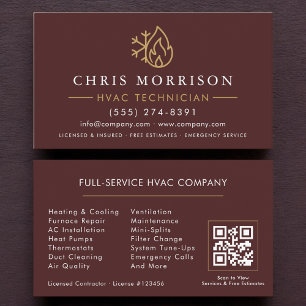 Cartão De Visita Código QR Burgundy Dourado Moderno para HVAC
