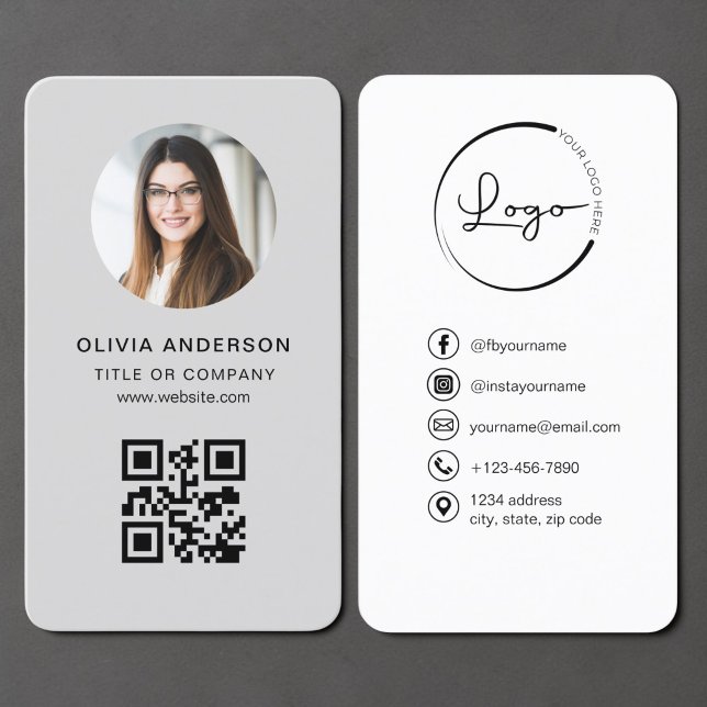 Cartão De Visita Código QR Cinza Foto (Criador carregado)