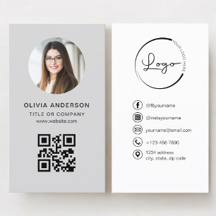 Cartão De Visita Código QR Cinza Foto Profissional Mídia Social