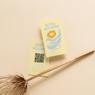Cartão De Visita Código QR Colorido Retro Soft Boho Groovy Floral