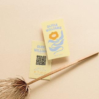 Cartão De Visita Código QR Colorido Retro Soft Boho Groovy Floral