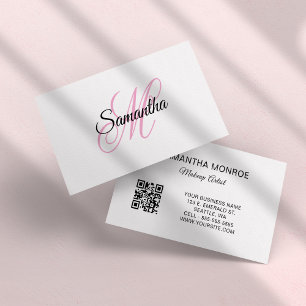 Cartão De Visita Código QR com Monograma Chique Rosa