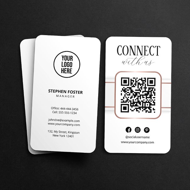 Cartão De Visita Código QR Conecte-se Conosco em Ouro Rosa Branco E (Criador carregado)