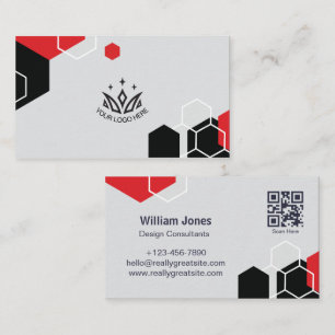Cartão De Visita Código QR Corporativo Geométrico Hexágono Vermelho