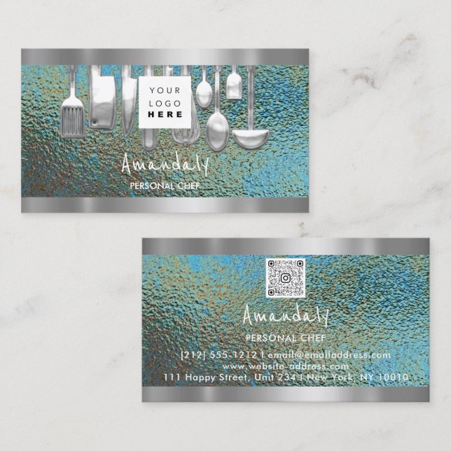 Cartão De Visita Código QR Cozinhar de Chef Pessoal - Grunge Restau (Frente/Verso)