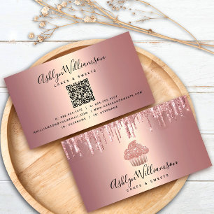 Cartão De Visita Código QR Cupcake Rosa Dourado com Gotejamento de