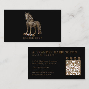 Cartão De Visita Código QR da Barbearia do Cavalo Mustang de Bronze