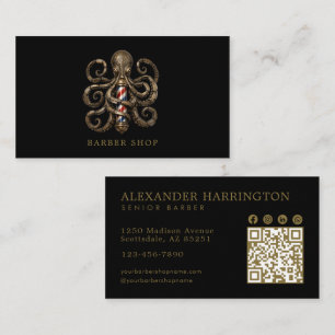 Cartão De Visita Código Qr da Barbearia do Polvo de Bronze Elegante