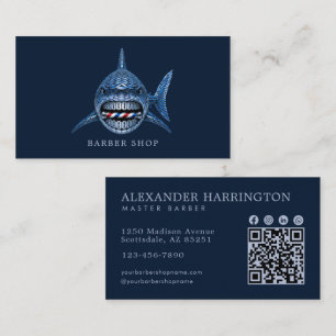 Cartão De Visita Código Qr da Barbearia Elegante Tubarão de Aço