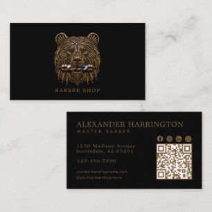 Cartão De Visita Código Qr da Barbearia Elegante Urso de Bronze