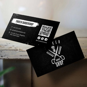 Cartão De Visita Código QR da Barbearia Enferrujada em Foto Preto e