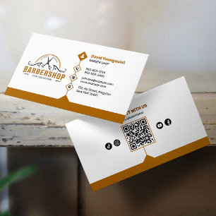 Cartão De Visita Código QR da Barbearia Minimalista Branco e Marrom