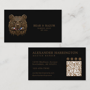 Cartão De Visita Código Qr da Barbearia Professional Bronze Bear