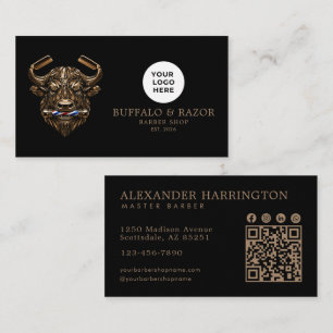 Cartão De Visita Código Qr da Barbearia Profissional Bronze Buffalo